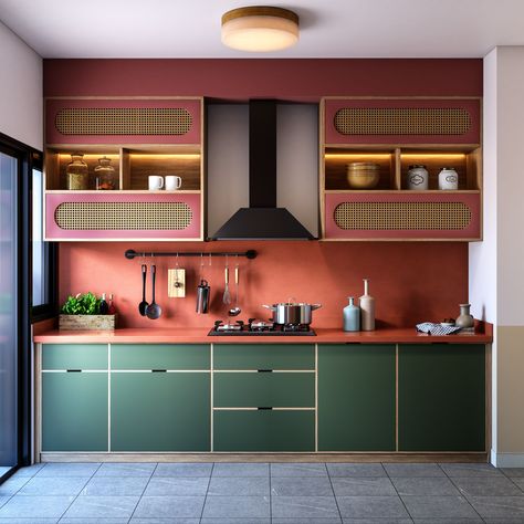 Spacious Orange And Green Kitchen Design | Livspace Orange And Green Kitchen, Green Kitchen Designs, Crockery Unit, Simple Kitchen Design, Orange Kitchen, Mid Century Modern Kitchen, Kitchen Interior Design Modern, 2d Design, Spacious Kitchens