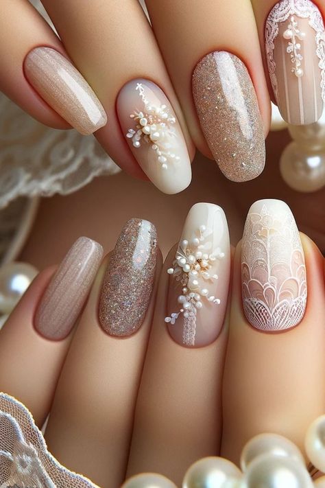 2024's Top 22 Wedding Nail Trends: Elegant, Classy, and Unique Bridal Designs Nail Art Designs Engagement, Wedding Nails For Bride Gel Classy, Nail Designs For Wedding The Bride, Wedding Nails Design Bridesmaid, Bridal Nail Ideas Brides, Bride Nail Art Designs, Nail Art For Engagement, Nail Art Wedding Elegant White, Wedding Nail Art Design For Bride