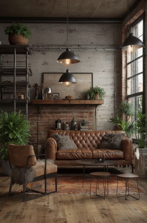 Industrial Style Wallpaper, Industrial Boho Living Room, Social Space Design, Industrial Luxe, Comfortable Sectional Sofa, Burgundy Walls, Home Recording Studio Setup, Brick Decor, Cosy Interior