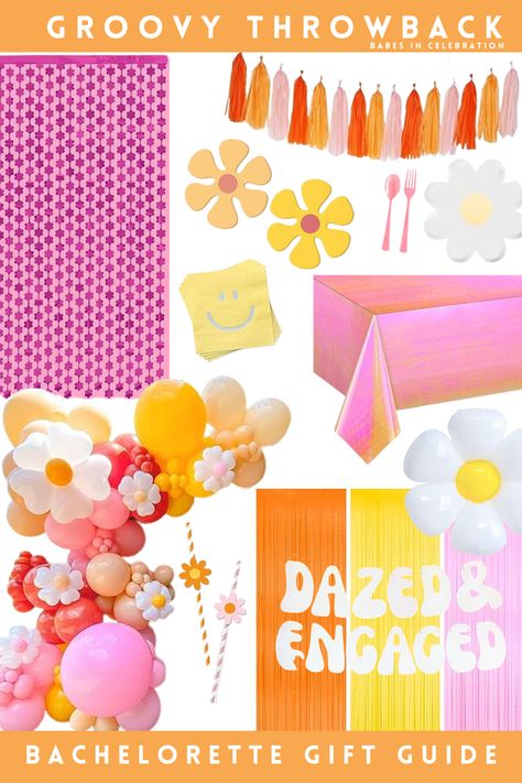 Dazed and Engaged? Groovy and Boozy? We've got the perfect decorations for your groovy bachelorette weekend! Our decor guide has the cutest items to decorate your weekend rental and go all out groovy! #amazonaffiliate #ad Dazed And Engaged Bridal Shower Ideas, Dazed And Engaged Cupcakes, Dazed And Engaged Bachelorette Party Decor, Dazed And Engaged Bachelorette Decor, Bachelorette Party Themes Dazed And Engaged, Retro Groovy Bachelorette Party, Retro Bachelorette Party Decor, Bachelorette Groovy Theme, Bachelorette Party Themes Groovy