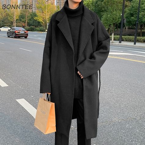 Long Coat Men, Mens Wool Coats, Casual Harajuku, Coats Men, Streetwear Chic, Classy Outfits Men, Wing Collar, Wool Coats, Long Winter Coats