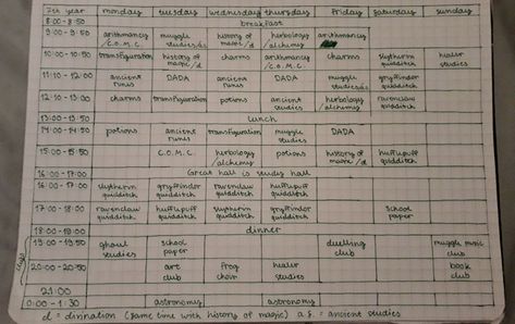 Hogwarts 7th year student timetable with all subjects and activities Hogwarts Timetable Slytherin, Hogwarts Timetable Fourth Year, Hogwarts Timetable Third Year, Hogwarts Schedule Fifth Year, Hogwarts Timetable First Year, Hogwarts Timetable Fifth Year, Slytherin Timetable, Slytherin Schedule, Harry Potter Classes Schedule