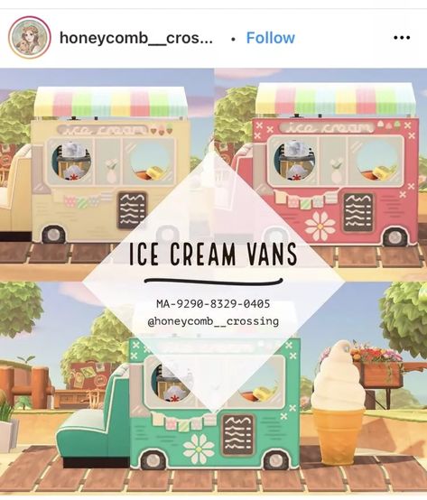 Animal Crossing Design Codes, Animal Crossing Design, Cream Vans, Standee Design, Animal Crossing 3ds, Animals Crossing, Animal Crossing Guide, Ice Cream Van, Animal Crossing Qr Codes Clothes