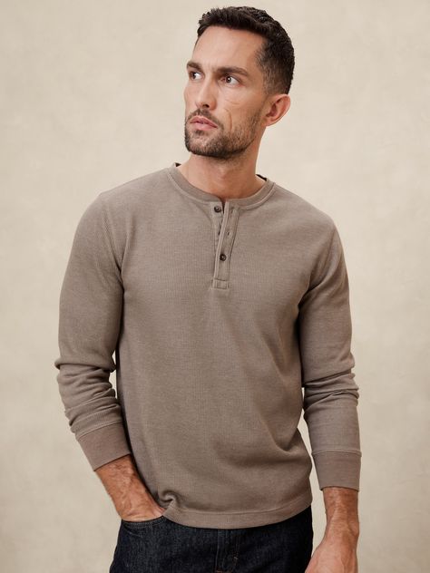 Casual Waffle Knit Henley For Fall, Men’s Henley Outfit, Casual Winter Waffle-knit Henley, Winter Cotton Waffle Knit Henley, Mens Waffle Henley, Waffle Henley, Holiday Mini Session, Mens Henley, Banana Republic Factory