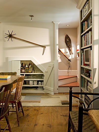 Antique Cape — SMITH & VANSANT ARCHITECTS Small House Remodel, Cape Style Homes, Restored Farmhouse, Traditional Staircase, Cape House, Basement Stairs, Traditional Dining Room, Understairs Storage, Cottage Interiors