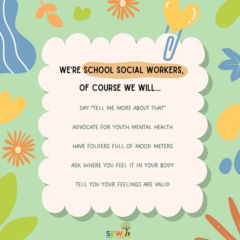 We're school social workers, of course we're going to want to celebrate during National School Social Work Week!  🙌 Join us in acknowledging and thanking school social workers, including the SEWI clinical team, for the invaluable roles they play in student well-being and success.   #SEWI #MSW #SocialWork #schoolsocialwork School Social Work Middle School, Social Work Major Aesthetic, School Social Work Quotes, Elementary School Social Work, Social Work Aesthetic, Medical Social Work, Social Worker Quotes, Social Work Quotes, Social Services Worker