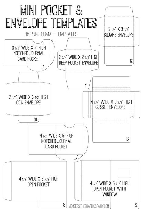 Envelope & Pocket Templates Image Kit! Graphics Fairy Premium Membership - The Graphics Fairy Journal Envelopes Pockets, Coin Envelopes Ideas, Paper Envelope Template, Tiny Envelope Template, Coin Envelopes Diy, Library Pocket Template Free Printable, How To Make A Pocket Envelope, Box Envelope Template, Pocket Envelope Template Free Printable