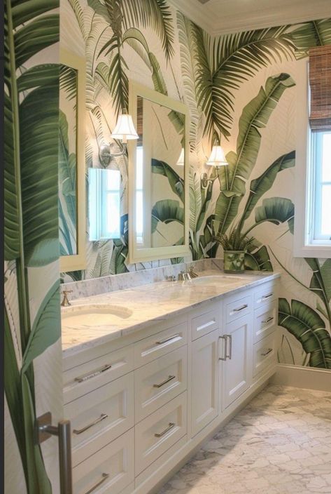 Bathroom Wallpaper Ideas, Florida Decor, Tropical Bathroom, Smart Home Design, Bathroom Design Decor, Bathroom Remodel Designs, Bathroom Remodel Shower, Beach Bathrooms, Dream Bathrooms