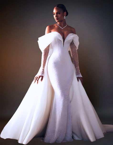 Luxury Mermaid Wedding Dress | Long Sleeves OffShoulder – OTUNBA Off The Shoulder Mermaid Wedding Dress, Wedding Dress Long Sleeves, Wedding Groomsmen Attire, Curvy Wedding, Traditional Skirts, Dramatic Entrance, Traditional Wedding Attire, White Wedding Gowns, Stylish Wedding Dresses