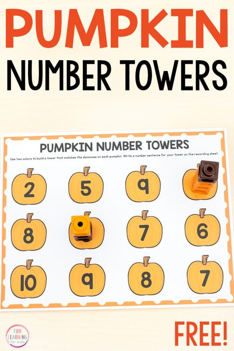 This free pumpkin number towers math activity is perfect for learning one-to-one correspondence, counting, and beginning addition skills this fall! Pumpkin Activities Kindergarten, Pumpkin Activities Preschool, Pumpkin Math Activities, Pumpkins Preschool, October Math, Fall Math Activities, Ocean Exploration, Pumpkin Math, Addition Activities