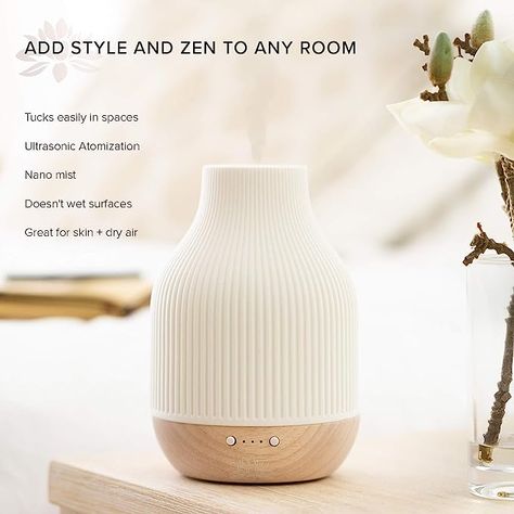 Add style and Zen to any room! Essential Oil Diffuser Lamp, White Ceramic + Wood, Ultrasonic 180ml, Whispersoft, 4 Timers + 5 Light Settings, Auto Shut Off, Home + Office, Humidifier Air Purifier Aromatherapy Clean Aesthetic Home, Focus Study, Hygge Living Room, Scandinavian Decor Living Room, Wood Diffuser, Aesthetic Home Office, Diffuse Essential Oils, Modern Scandinavian Interior, Scandinavian Furniture Design