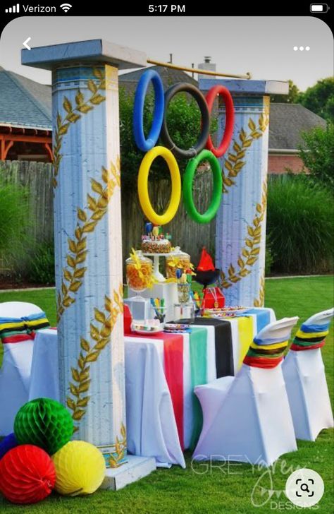 Beer Olympics Party, Olympic Party Decorations, Summer Olympics Party, Sports Day Decoration, Vbs Olympics, Office Olympics, Olympics Decorations, Olympic Theme Party, Olympic Idea