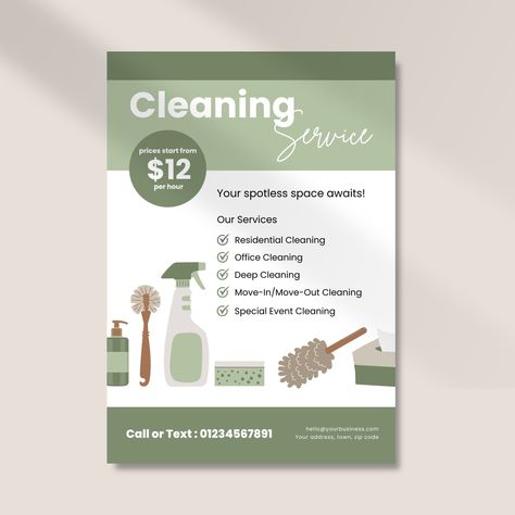 Cleaning Services Flyer  Attract new customers and clients with your services and prices with this easy to edit flyer.  Size of template: 14.8 x 21 cm (A5)  HOW IT WORKS: 1. Complete your purchase 2. Download the pdf document that comes with the purchase 3. Follow the links on the pdf to access your template on Canva, the graphic design platform 4. Log into (or set up) Canva account 5. Edit your template in Canva and download  6. Print at home or via a print shop Please note, no physical product Cleaning Flyer Ideas, Cleaning Brochure, Cleaning Business Flyers Ideas, Cleaning Company Flyer Ideas, Cleaning Services Flyer Ideas, Cleaning Agency Flyer, Cleaning Services Flyer, Housekeeping Business, Flyers For Cleaning Services