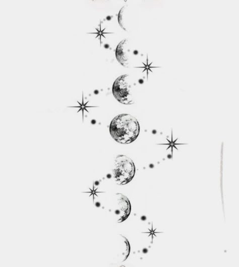 Moon Phases Tattoo Sternum, Three Moon Tattoo, Moon Phase Back Tattoo, Moon Phases Back Tattoo, Celestial Back Tattoo, Lunar Phases Tattoo, Moon With Stars Tattoo, Lunar Cycle Tattoo, Mystic Tattoos