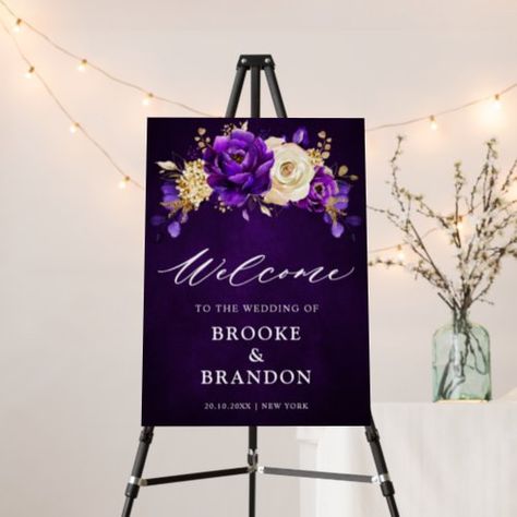 $42.20 | Royal Purple Violet Gold Floral Wedding Welcome F #watercolor floral bouquet royal purple, gold golden yellow metallic leaf, trendy rustic country barn autumn, botanical vintage glitter spring wedding, eucalyptus violet leaves mid-summer, sophisticated themed bright chic peony, winter wildflower outdoor indigo rose, simple elegant peonies flowers template, unique monogram shades style stylish, modern garden roses elegance foliage Royal Purple Wedding, Purple And Gold Wedding, Unique Monogram, Purple Wedding Theme, Gold Wedding Theme, Elegant Bouquet, Gold Bridal Showers, Gold Theme, Bridal Shower Welcome Sign