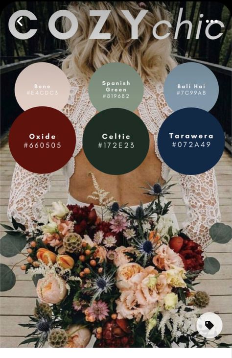 Boho Wedding Color Schemes Fall, Cozy Chic Wedding Colors, Deep Winter Color Palette Wedding, Elopement Color Schemes, Bohemian Wedding Theme Color Palettes, Wedding Colour Palettes 2023, Boho Colors Wedding, Wedding Color Schemes Boho, Bridal Color Schemes Fall