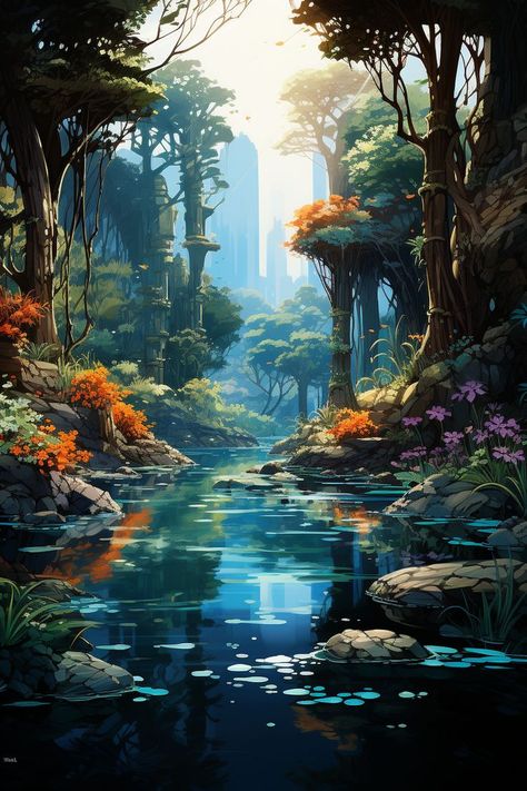 Fantasy Landscape Art, Mystic Backgrounds, Background Fantasy, Art Niche, Waterfall Art, Mystical Places, Dreamy Artwork, Water Drawing, Fantasy Background