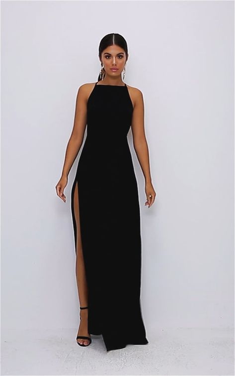 Fitted Black A-line Maxi Dress, Elegant Black Maxi Dress With Strappy Back, Black A-line Maxi Dress For Night Out, Chic Black V-neck Maxi Dress, Black V-neck Evening Maxi Dress, Black Plain Dress, Dinner Gowns, Affordable Prom Dresses, Fashion Design Dress