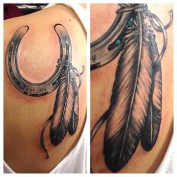 Horse Shoe Tattoo, Cowgirl Tattoos, Shoe Tattoos, Country Tattoos, Horse Tattoo, Feather Tattoo, An Arrow, Feather Tattoos, Dream Tattoos