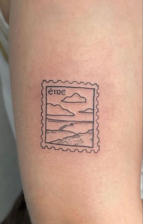 Ireland Minimalist Tattoo, Irish Music Tattoo, Northern Ireland Tattoo Ideas, Dainty Irish Tattoo, Ireland Postage Stamp Tattoo, Irish Post Stamp Tattoo, Ireland Travel Tattoo, Ireland Map Tattoo, Irish Small Tattoos