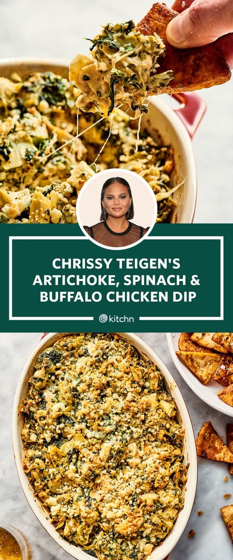 I Tried Chrissy Teigen's Artichoke, Spinach & Buffalo Chicken Dip | Kitchn Spinich Artichoke Dip, Chrissy Teigen Recipes, Fiesta Food, Cholula Hot Sauce, Marinating Chicken Breast, Celebrity Recipes, Artichoke Chicken, Chicken Dip, Chicken Dips