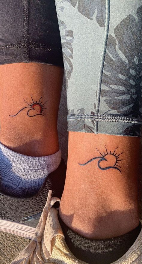 Matching Wave Tattoos For Best Friends, Summer Vibe Tattoos, Best Friend Wave Tattoos, Beach Wave Tattoos For Women, Beachy Matching Tattoos, Beach Lover Tattoo Ideas, Wave Tattoo With Words, Best Friend Beach Tattoos, Summer Tattoos For Women