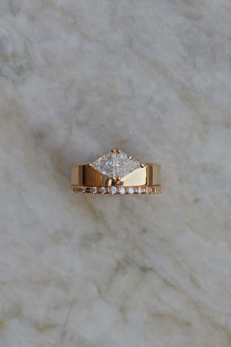 Unconventional Engagement Rings Melanie Casey Fine Jewelry, Hover Engagement Ring, Art Deco Rose Gold Ring, Wow Engagement Rings, Un Traditional Engagement Rings, 20s Art Deco Engagement Ring, Non Binary Engagement Rings, Wide Band Engagement Rings, Weird Wedding Rings