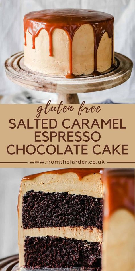 Espresso Chocolate Cake, Chocolate Cake With Salted Caramel, Salted Caramel Buttercream, Chocolate Espresso Cake, Espresso Cake, Homemade Salted Caramel, Gluten Free Chocolate Recipes, Gluten Free Cake Recipe, Caramel Buttercream