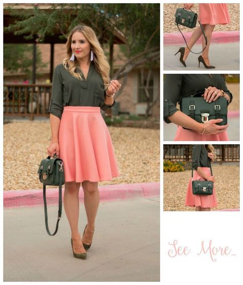 Dark green - Peach Salmon Skirt Outfit, Salmon Pink Outfit, Olive Green Outfits, Salmon Skirt, Green Skirt Outfits, Olive Green Outfit, Pink Skirt Outfits, Maxi Dress Outfit Fall, Peach Skirt