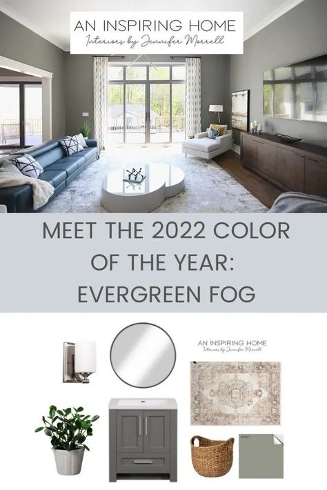 Evergreen Fog Sherwin Williams Living Room, Grey Interior Paint, Interior Board, Evergreen Fog, 2022 Color Of The Year, Beige Couch, Hygge Living, Green Dining Room, House Paint Interior