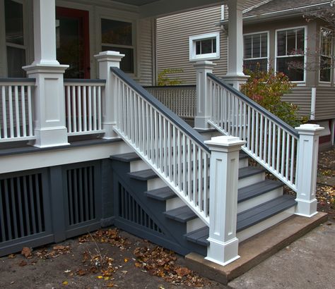 Grey And White Front Porch, Colonial Porch Railing, Farmhouse Porch Skirting, Trex Front Porch Steps, Front Porch Underpinning Ideas, Front Porch Railings Ideas, Painted Porch Ideas, Trex Front Porch Ideas, Front Porch Skirting Ideas