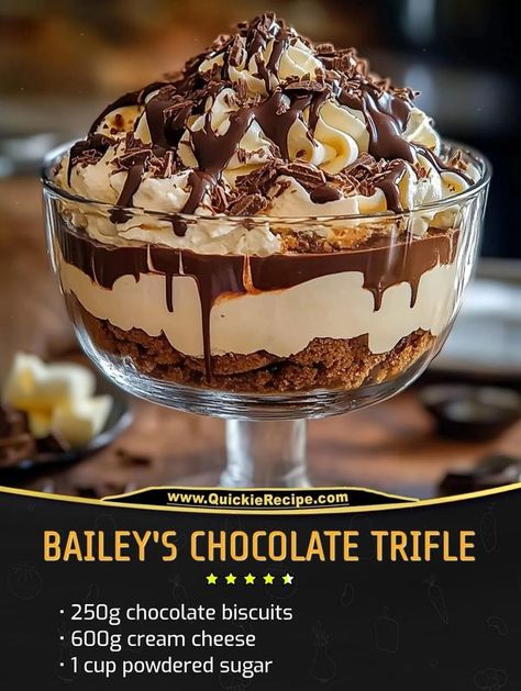 Last minute recipes | Bailey's Chocolate Trifle | Facebook Baileys Trifle Desserts, Baileys Chocolate Cheesecake Trifle, Baileys Trifle Recipes, Baileys Recipes Desserts, Baileys Trifle, Last Minute Recipes, Guava Desserts, Baileys Dessert, Trifle Bowl Recipes