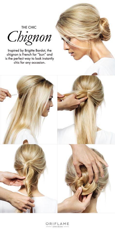 To create your own chic chignon, start with straight hair and tease to create volume. Use hairpins to shape the teased hair at the top of your head, making it high and rounded. Then take both sides of your hair and attach them to the middle of the back of your head, where you’ve already started to attach the top hair. Collect the rest of your hair and carefully twist. Lastly, take your twisted hair and roll it to the lower back of your head, securing with a few bobby pins. Volume On Top Of Head, Chingon Hair, Straight Hair Updo, Twisted Hair, Top Bun, Easy Hairdos, Chignon Hair, Teased Hair, Hair Dos