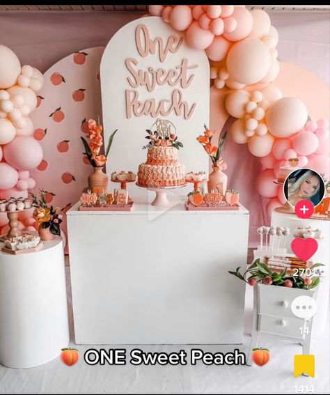 One Sweet Peach Balloon Garland, Two Peachy Birthday Theme, One Sweet Peach Birthday Decorations, One Sweet Peach Birthday Balloons, Isn’t She Lovely Birthday, One Sweet Peach Birthday Backdrop, Peach Themed 1st Birthday Party, Peach Themed First Birthday Party, First Birthday Peaches Theme