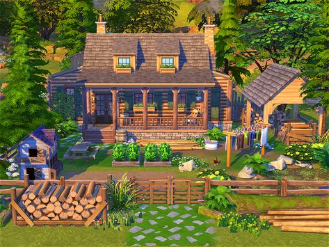 The Sims Resource - Hermit Cabin - no CC Sims 4 Cabin Layout, Sims4 Cabin, Sims 4 Cabin, Sims Apartment, Deco Sims, Sims4 Builds, Cottage Village, Sims Lookbook, The Sims 4 Lots