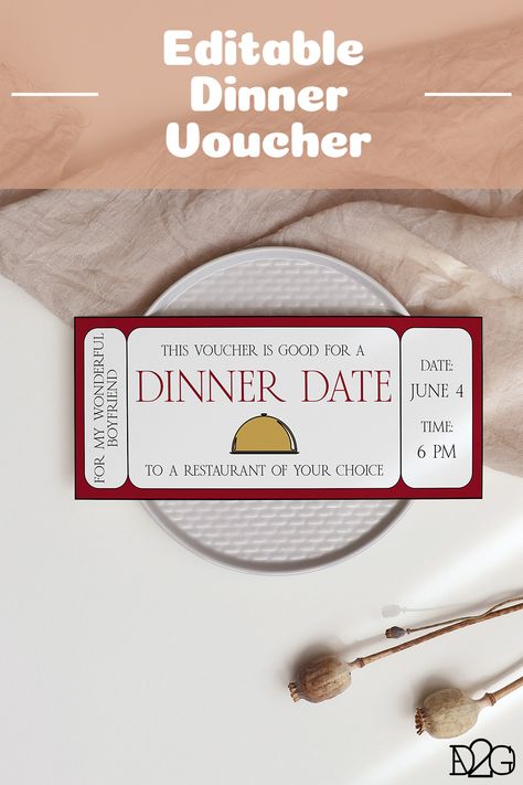 Treat your special someone to a romantic dinner date with our personalised dinner date coupon! Ensure your dinner date stands out as one of the most special occasions of your life with this beautiful and meaningful gift. What makes this dinner date voucher extra special is that it's editable! You can personalise it with your own messages of love, making it even more unique and special. Whether it's an anniversary, birthday or just a romantic gesture, your dinner date will be one to remember! Dinner Date Invitation, Making Dinner Together Date, Dinner Coupon Printable, Diy Voucher Ideas, Date Coupons, Dinner Date Ideas, Food Vouchers, Birthday Surprise For Husband, Printable Vouchers