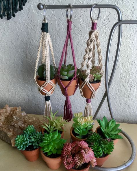 Mini plant hangers by MilkiiWay Macrame Macrame Plant Earrings, Mini Macrame Plant Hanger Diy, Mini Plant Hanger Macrame, Mini Plant Hanger, Diy Macrame Plant Hanger Pattern, Macrame Plant Hanger Patterns, Mini Plant, Plant Wall Decor, Small Macrame