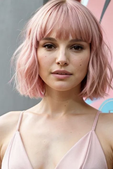 Bubblegum Pink Hair Short, Copper To Pink Hair, Pink French Bob, Light Pink Bob, Pink Bob With Bangs, Rose Gold Bob Hair, Short Pink Hair Aesthetic, Short Pink Hair With Bangs, Pink Hair Bob