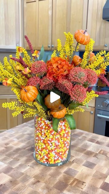 Mackenzie Biehl on Instagram: "So when does that happen in Florida... 😭🤣This easy candy corn centerpiece is so fun for fall/halloween and in my opinion the best use of candy corn 🤣Sweater is @shop.ambermoon" Corn Centerpiece, Easy Candy, Fall Arrangements, Fall Centerpiece, In My Opinion, Halloween Party Decor, Crafty Things, Candy Corn, Fall Halloween