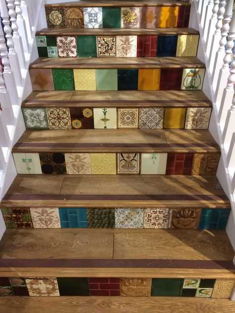 Tiled Stairs, Stairs White, Tiled Staircase, Sunken Living Room, Tile Stairs, Truro, Vintage Tile, Dream House Rooms, Butcher Block Countertops