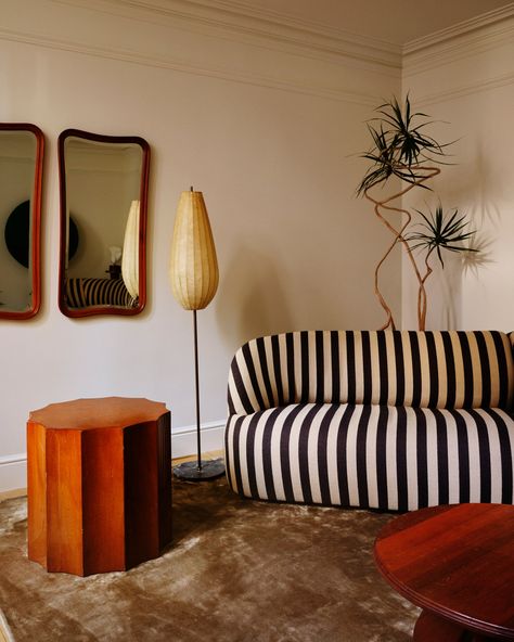 Striped Furniture, Oak End Tables, Striped Sofa, Midcentury House, Deco Studio, Park Slope, Eclectic Interior, Residential Design, Interior Inspo