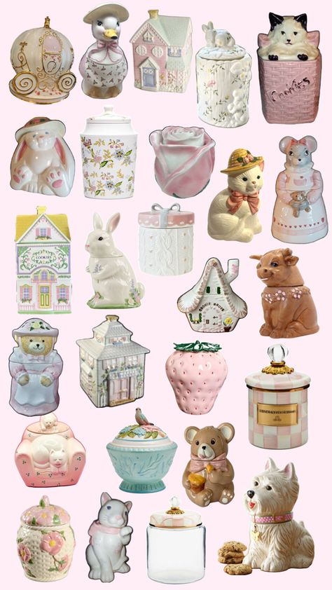 Cute pink cookie jars with cats, flowers and other fun shapes Cookie Jar Ideas, Shabby Chic Cookies, Cute Cookie Jar, Cute Containers, Cute Dishes, Grandma Cookie Jar, Cat Cookie Jar, Pink Cookies, Flower Cookies