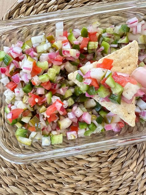 Dill Pickle Salsa | The Sassy Barn Pickle Salsa, The Sassy Barn, Diy Menu, Chicken Chopped Salad, Salsa Dip, Appetizers Easy Finger Food, Onion Relish, Dip Recipes Easy, Finger Food Appetizers