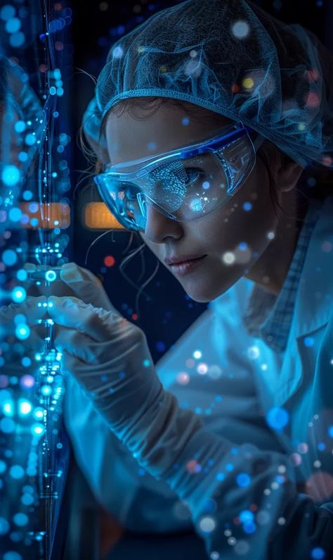 The image shows a female scientist wearing a lab coat, gloves, and safety goggles. She is working in a laboratory with a blue light shining on her ->> more details in ai-img-gen.com Female Scientist Aesthetic, Science Photoshoot, Lady Scientist, Scientist In Lab, Science Core, 2025 Manifestation, Lab Scientist, Dna Lab, Scientist Lab