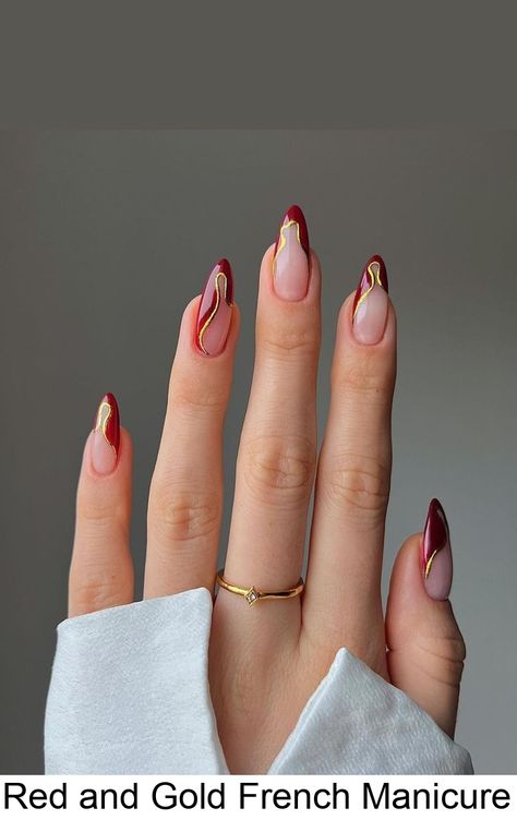 Red and Gold French Manicure #rednaildesignideas Red And Gold Nails Almond Shape, Nails For All Outfits, Good And Red Nails, Red Nail French Designs, Red Nail Gold Tip, Red Wine And Gold Nails, Red Gold French Tip Nails, Crimson And Gold Nails, Apple Red Nails Design