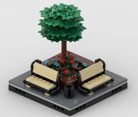 Lego Projects Instructions, Lego Garden Ideas, Lego Park Ideas, Lego Fence, Lego Landscape Ideas, Lego Bench, Lego Moc Instructions Free, Lego Park Bench, Lego Trees Ideas