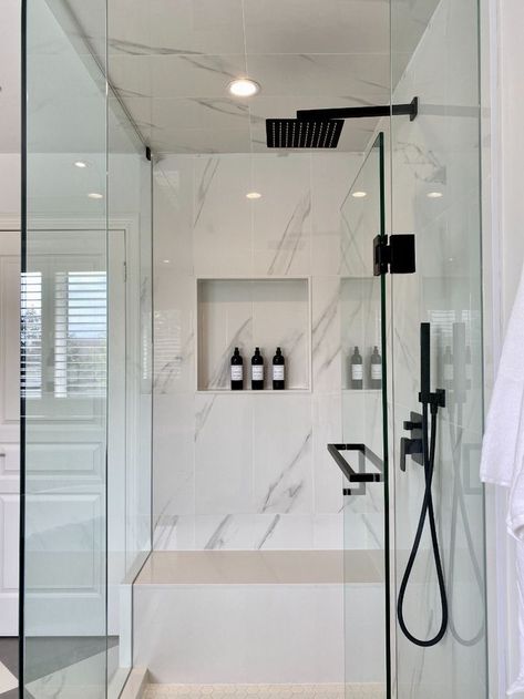 Marble Bathroom Black Vanity, White And Matte Black Bathroom, White Bathroom With Black Fixtures, Black White And Grey Bathroom Ideas, Prefab Vanity, Bathroom Chrome Fixtures, Bathroom Black Fixtures, Bathroom With Black Fixtures, Black Fixtures Bathroom