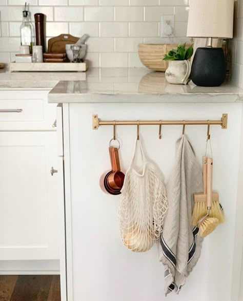 Look for Less Vintage Gold Kitchen Rack — Hartley Home Ikea Rail Kitchen, Hanging Hooks In Kitchen, Kitchen Rail Ideas, Hanging Rod In Kitchen, Kitchen Hook Rail, Hang Kitchen Utensils, Brass Kitchen Rail With Hooks, Ikea Kitchen Rail, Kitchen Wall Rack Ideas