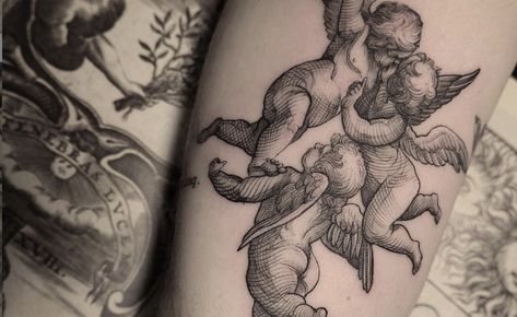 Cherub Tattoo Designs For Men, Tattoos Of Angels, Angel Tattoos For Men, Simple Angel Tattoos, Angel Demon Tattoo, Cherub Tattoo Designs, Small Angel Tattoo, Baby Footprint Tattoo, Baby Angel Tattoo