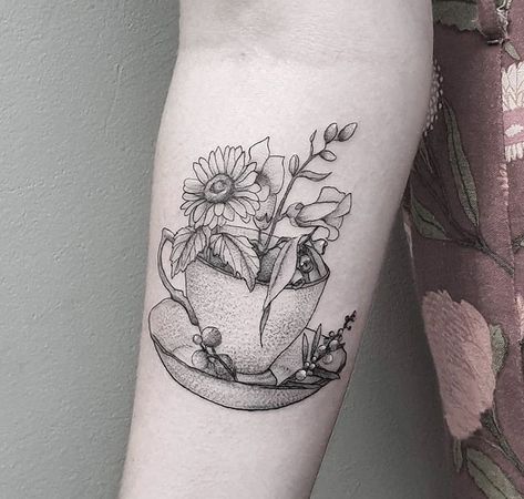 Sunflower Teacup Tattoo, Teacup And Flowers Tattoo, Coffee Cup And Flowers Tattoo, Coffee Mug With Flowers Tattoo, Coffee And Flowers Tattoo, Coffee Cup Flower Tattoo, Flowers In Teacup Tattoo, Tea Cup And Flowers Tattoo, Basket Of Flowers Tattoo